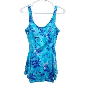 New! NWT VTG LE COVE Floral One Piece Swimsuit Dress Tank Scoop Blue SZ 16 Bra